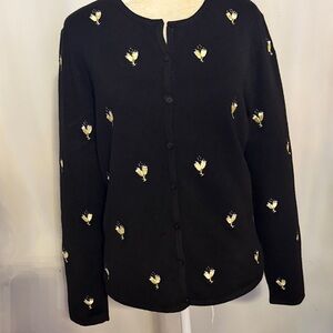 NWOT,EVOILE,made in Macau. Black Cardigan with Embroidered champagne glasses.